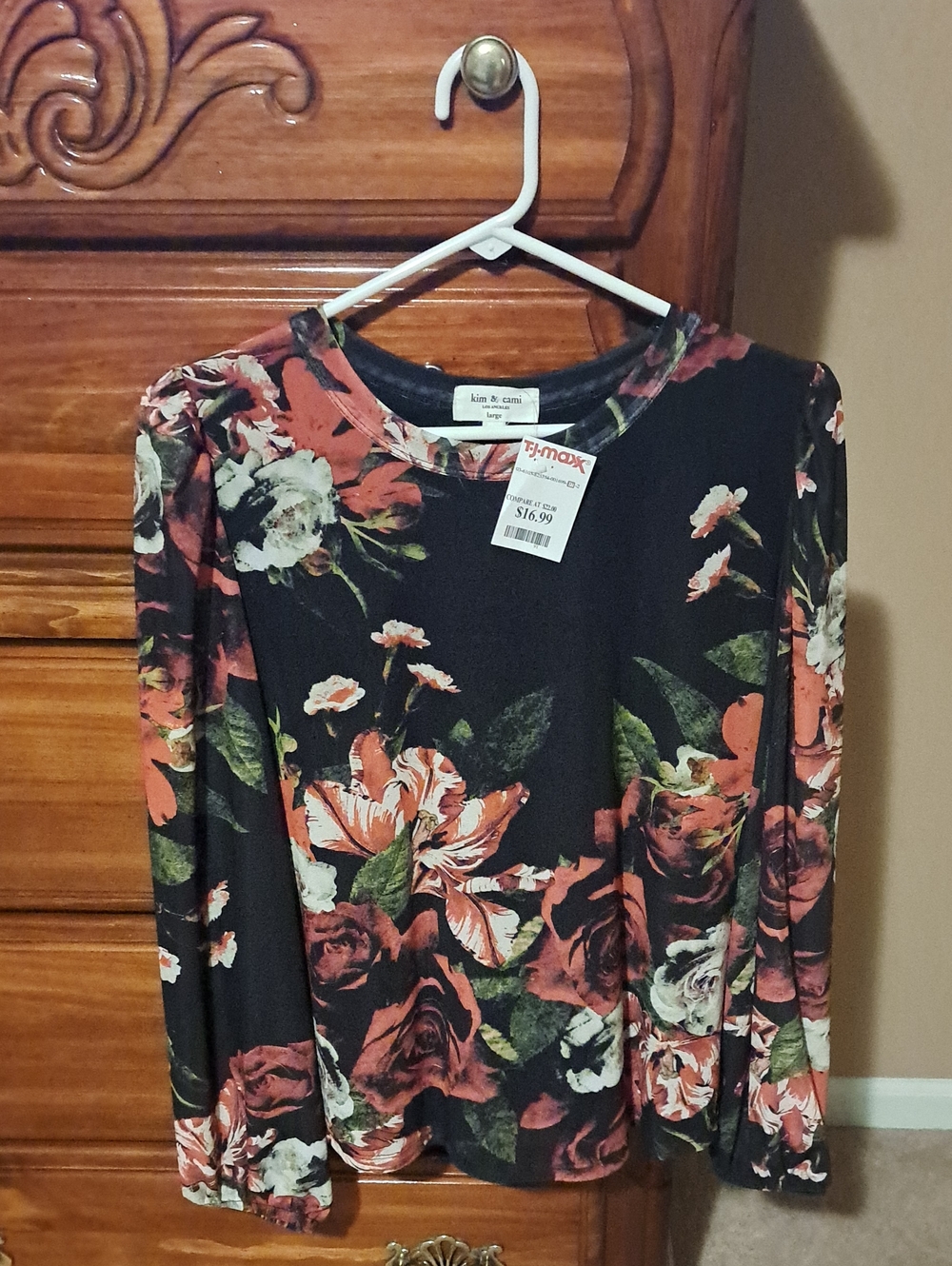 Kim & Cami Black Floral Long Sleeve Top with Coral and Cream Blooms